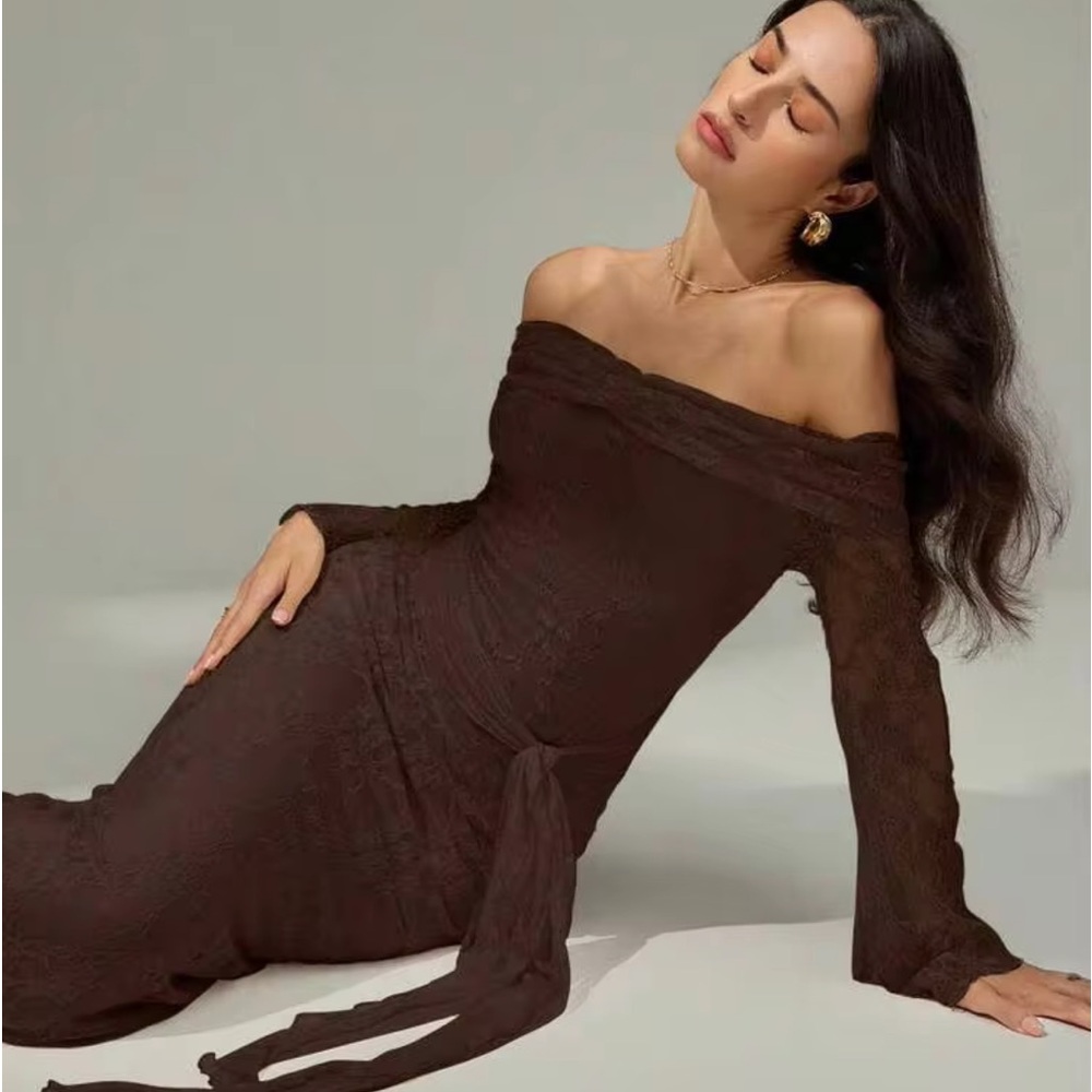 Off the shoulder lace long sleeve dress